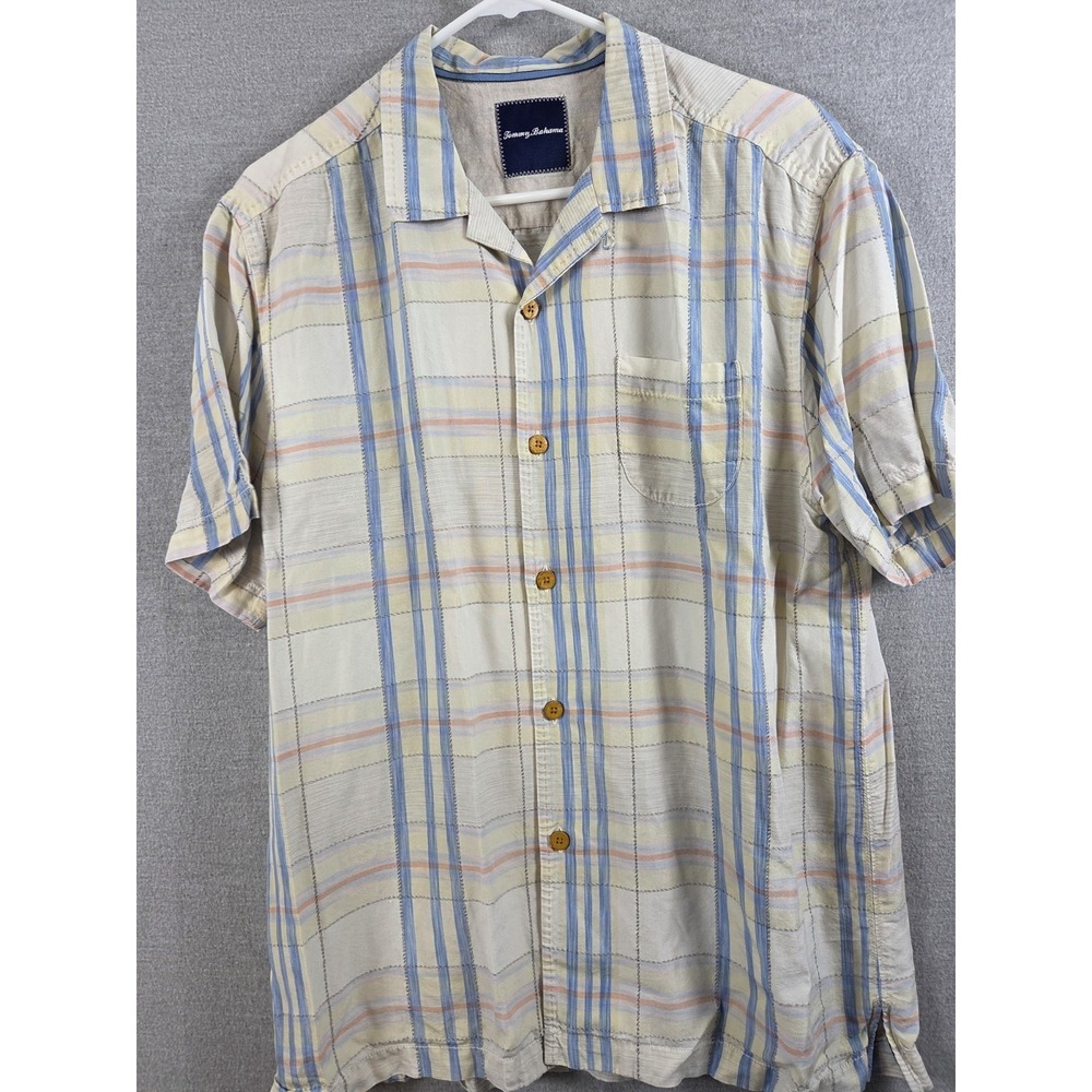 Tommy Bahama Silk Blend Camp Shirt Mens M Pastel Plaid Beach Cruise Tropical‎